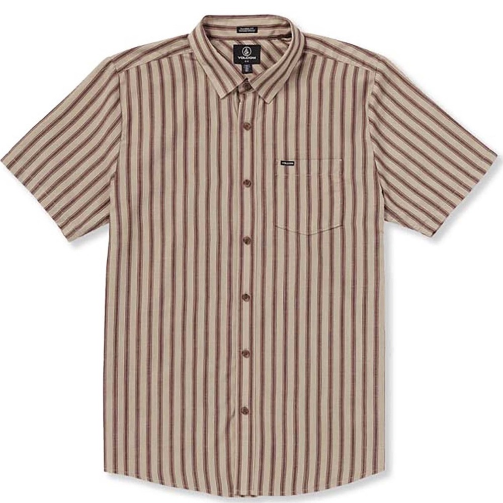 Volcom Men's Casual Striped Short Sleeve Button Up Shirt - Burgundy and Tan NWT